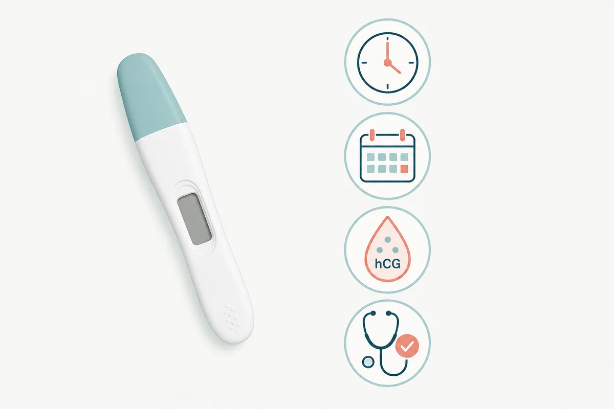 Diagramme editorial avec test digital, horloge, calendrier, hCG et confirmation medicale