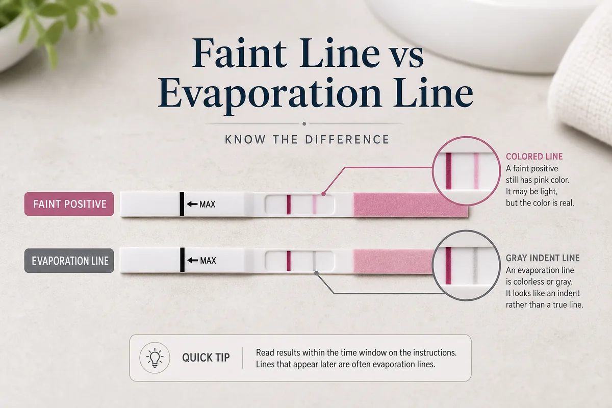 Esempio di test di gravidanza con confronto tra linea positiva lieve colorata e linea di evaporazione grigia