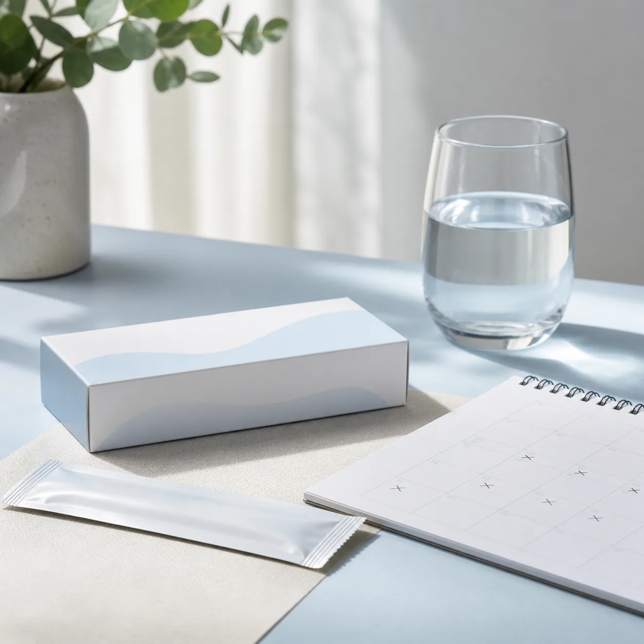 Unopened home pregnancy test, calendar and water glass arranged in soft morning light