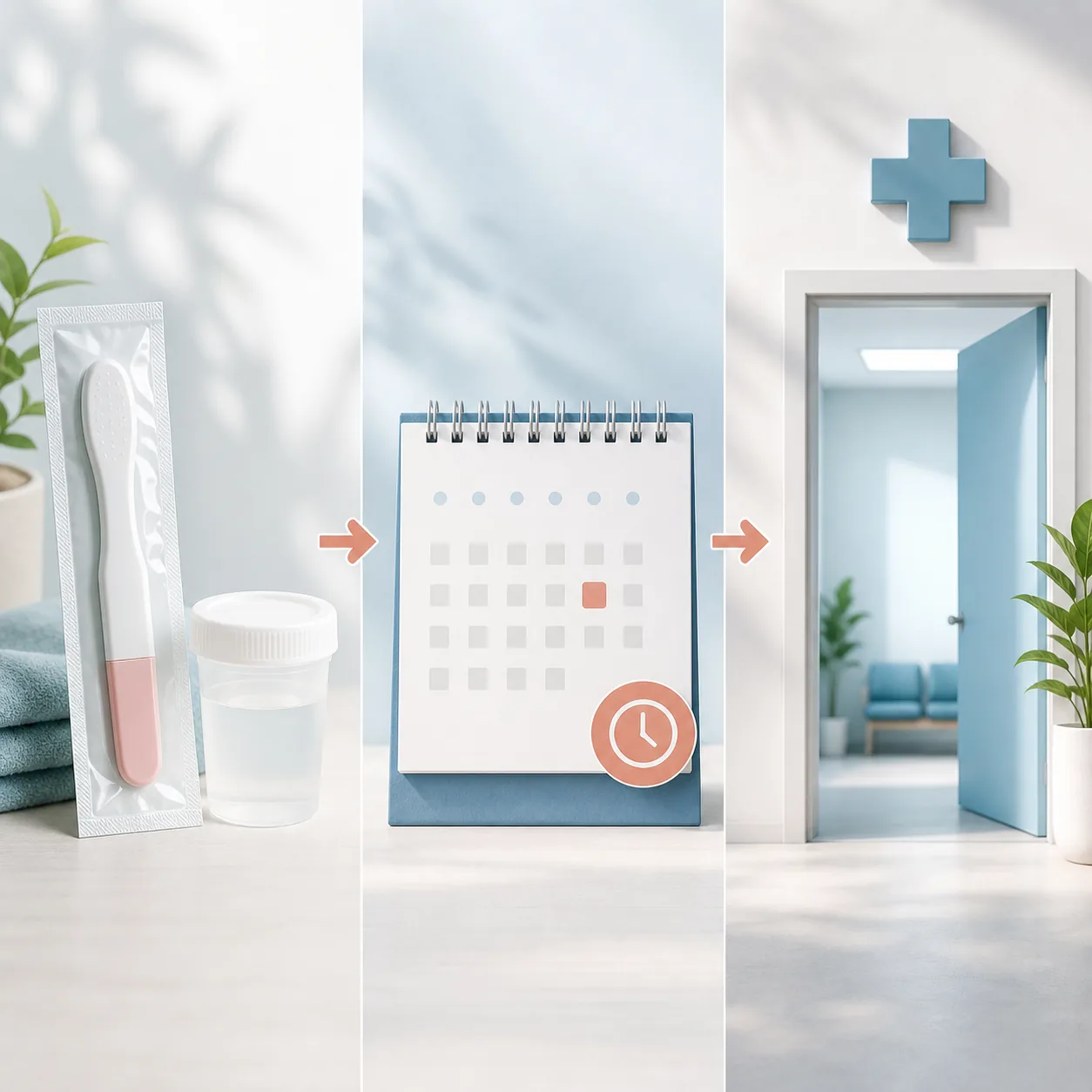 Three-panel illustration of a fresh test, a later calendar check and a healthcare clinic doorway