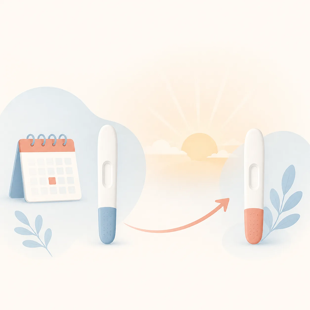Text-free illustration showing a home pregnancy test, a calendar and a later repeat test connected by an arrow