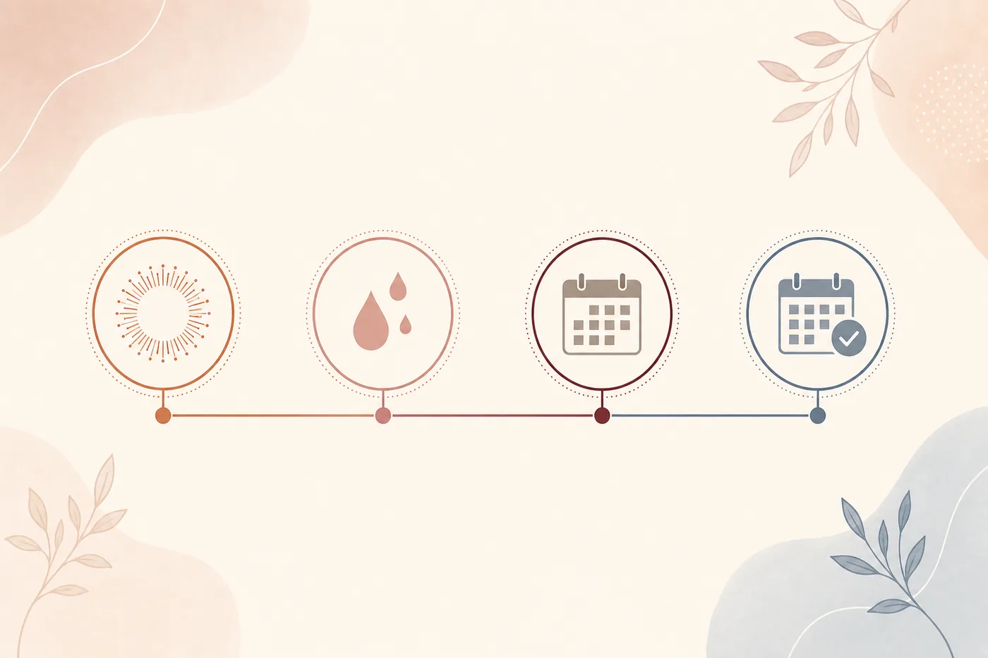 Chronologie neutre montrant ovulation, spotting possible, règles attendues et test de grossesse ultérieur