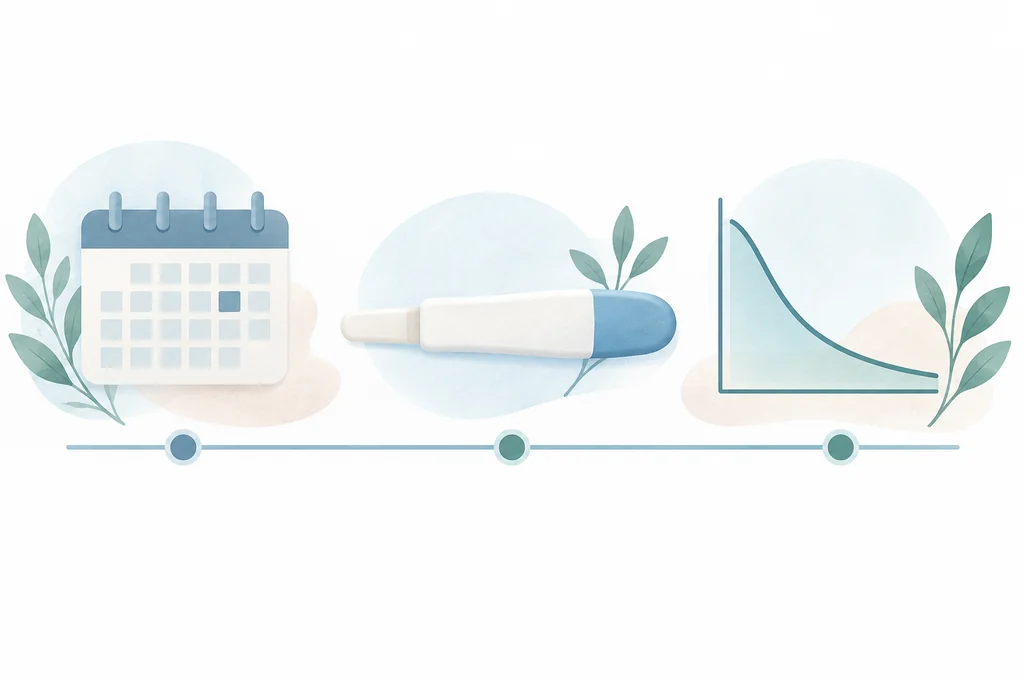 Ilustración editorial con un calendario, una prueba de embarazo sin marca y una disminución gradual de hormonas tras un aborto espontáneo