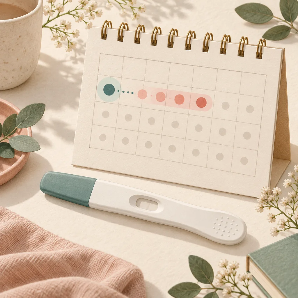 Redaktioneller Kalender mit einem unbeschrifteten Schwangerschaftstest zur Zeit zwischen Eisprung und Test